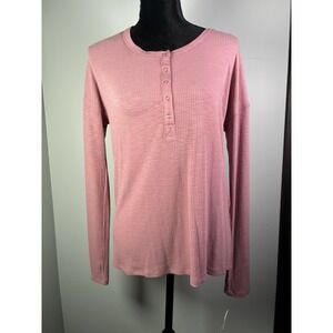 Ultra Flirt Women's Medium Snap Button Ribbed Henley Shirt Top Long Sleeve Pink